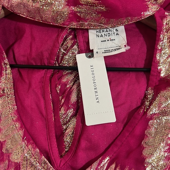 Anthropologie Hemant & Nandita Metallic Maxi Dress Pink & Gold Size4 - Picture 12 of 12